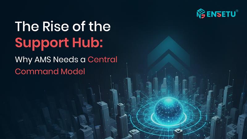 Futuristic digital city network visualizing a centralized command hub concept, with text “The Rise of the Support Hub: Why AMS Needs a Central Command Model” and Ensetu logo.
